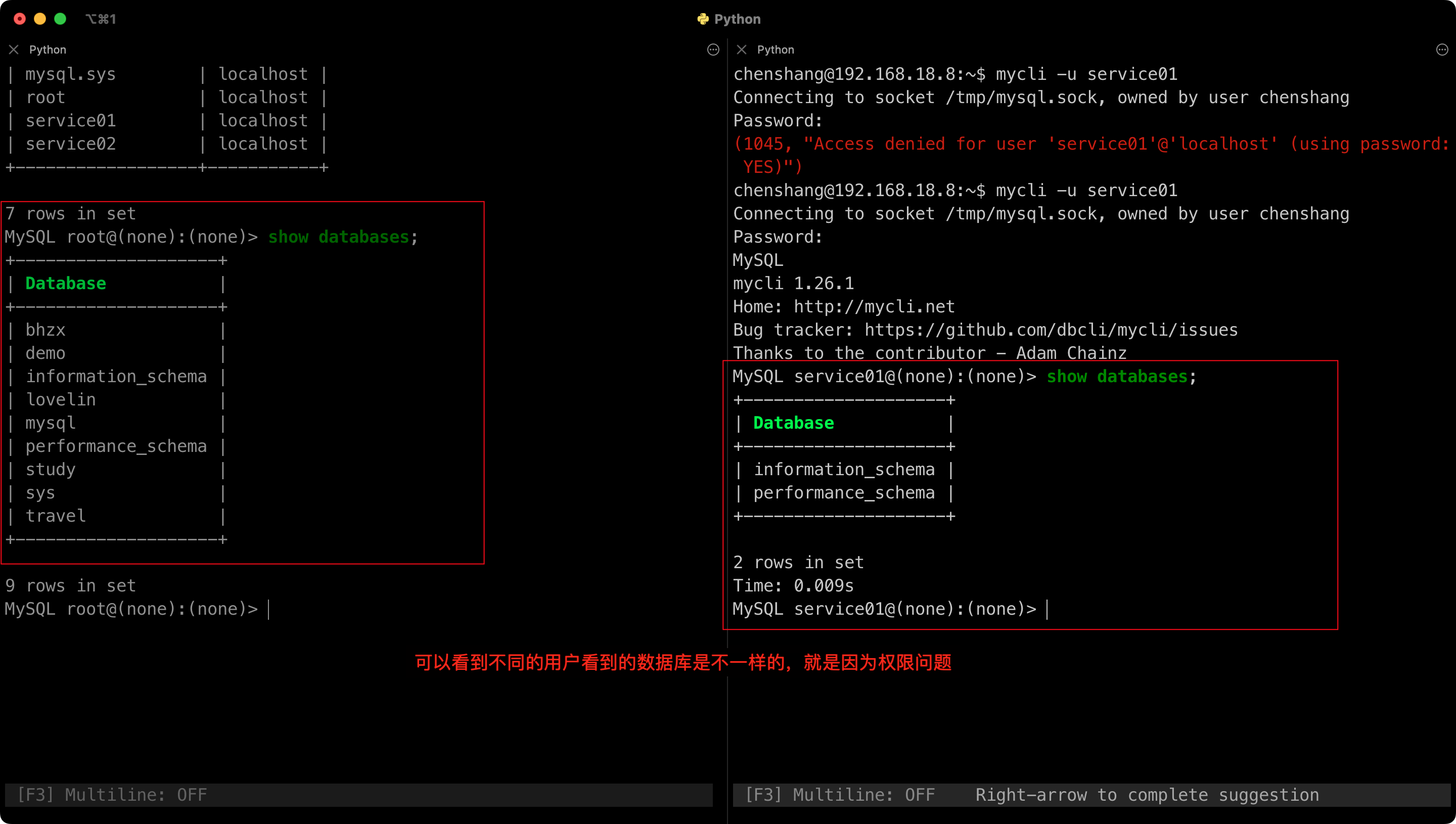 查看一下各自有权限的数据库