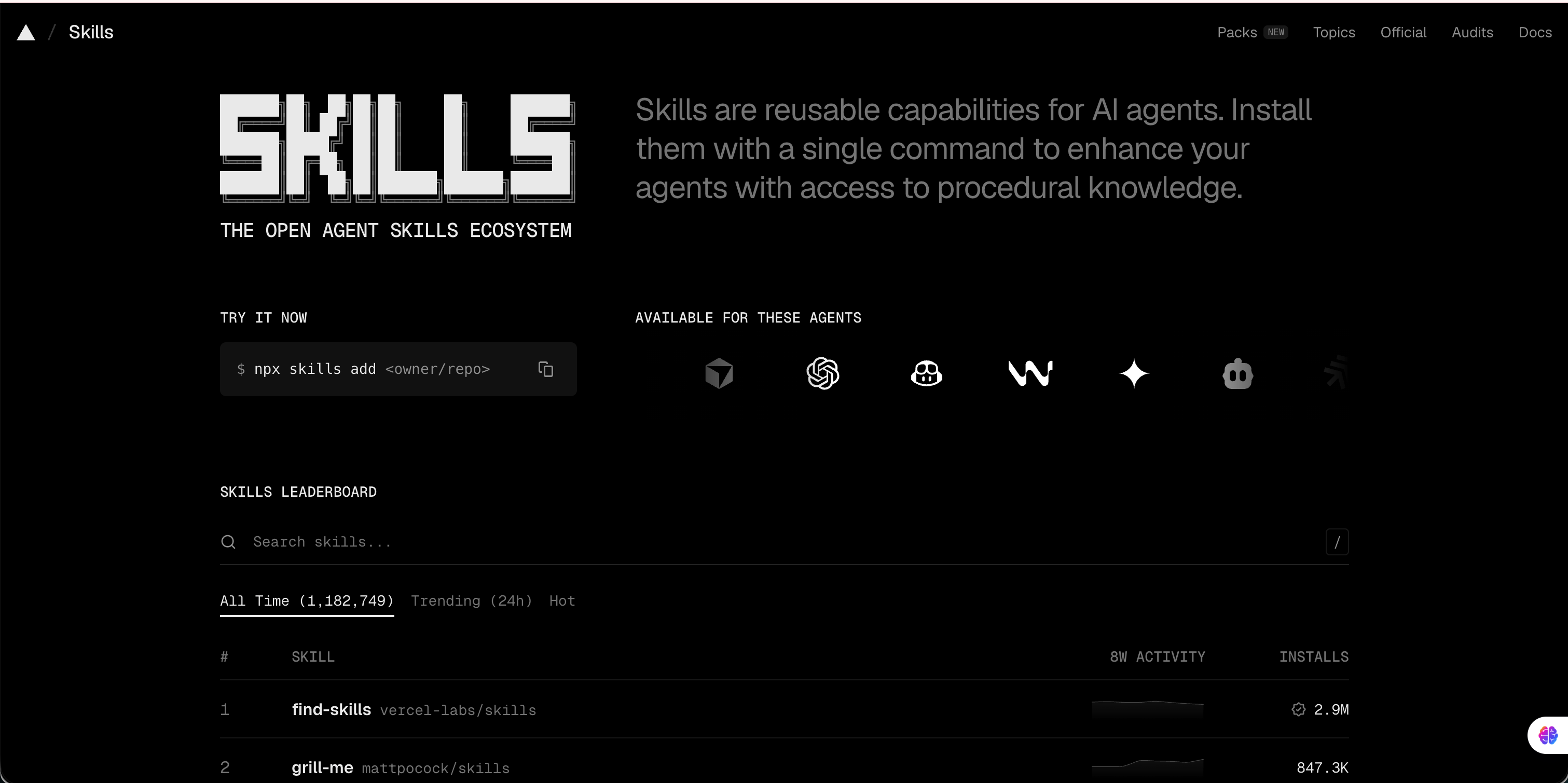 skills.sh 的开放 Agent Skills 页面